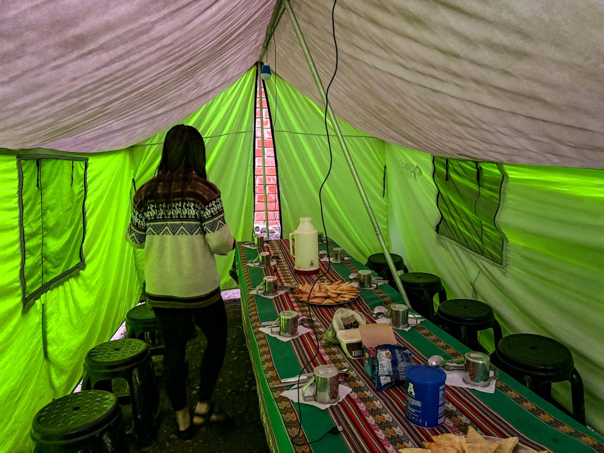 dinner at hobbit house campsite day 2 Alpaca Expeditions Salkantay Trek Cusco Peru - laugh travel eat