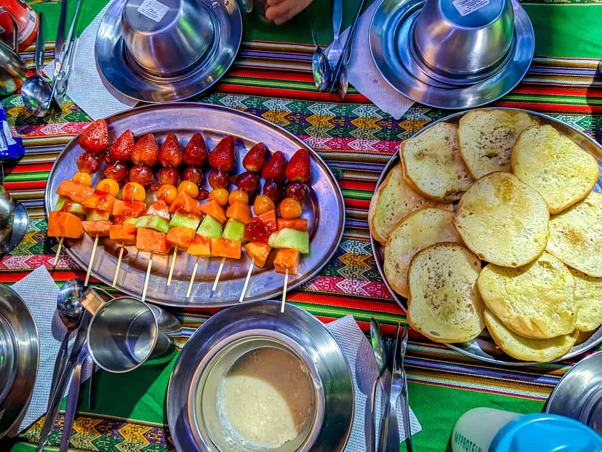 breakfast campsite day 2 Alpaca Expeditions Salkantay Trek Cusco Peru - laugh travel eat
