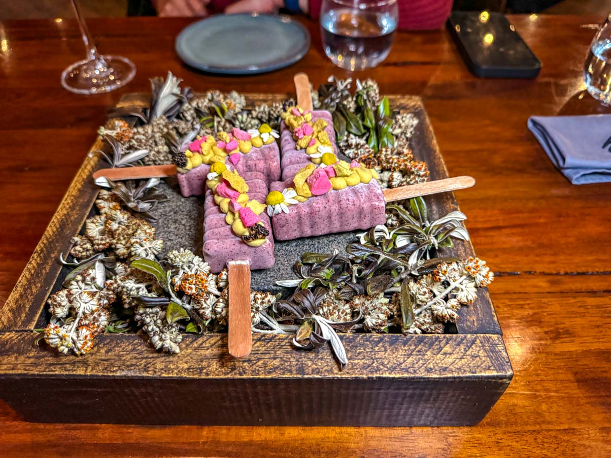 Chamomile Ice Cream & Kiswaras Flowers la Gusta restaurant La Paz Bolivia - laugh travel eat