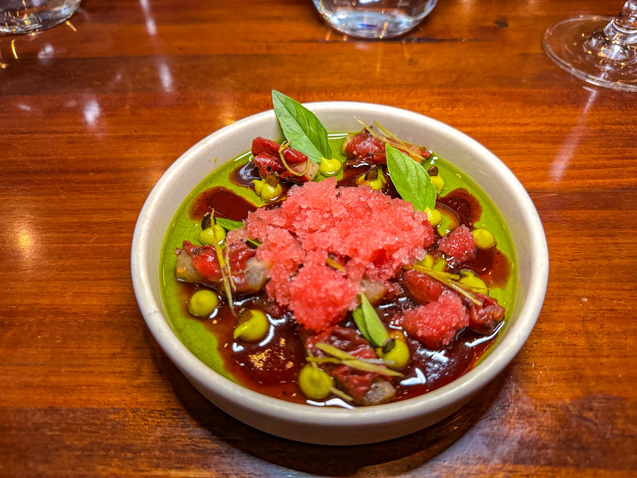 Watermelon seed, Watermelon granita, and Watermelon skin vinegar la Gusta restaurant La Paz Bolivia - laugh travel eat