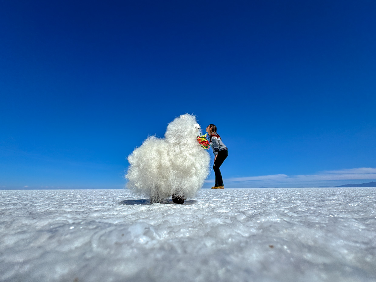 trick shots on salt flat day 1 of Uyuni tour Bolivia - laugh travel eat