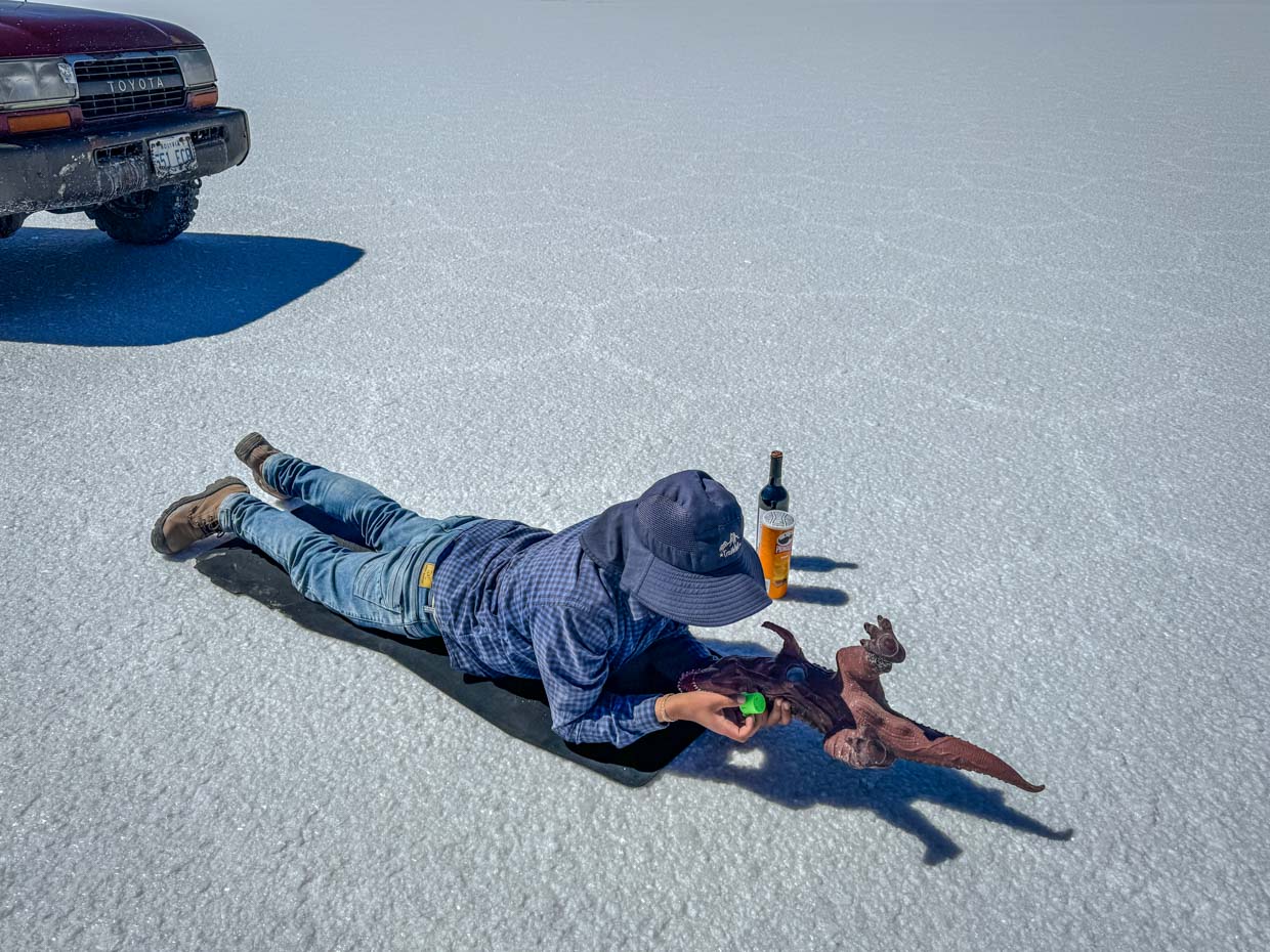 trick shots on salt flat day 1 of Uyuni tour Bolivia - laugh travel eat