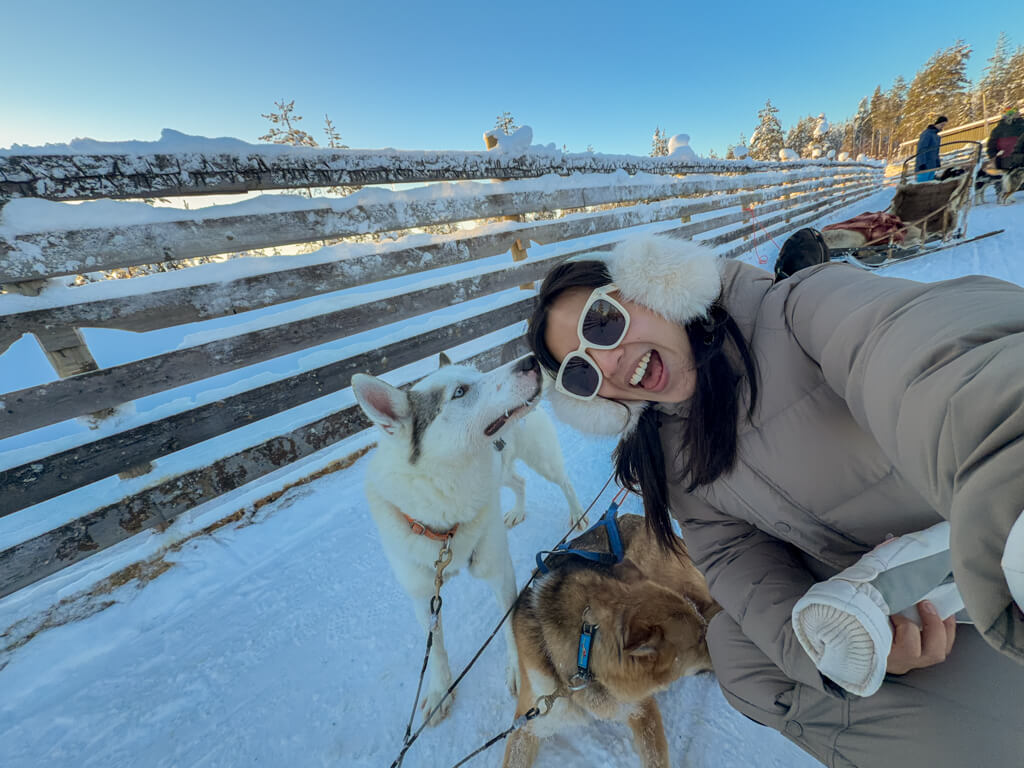 petting the dogs husky safari rovaniemi finland _ laugh travel eat